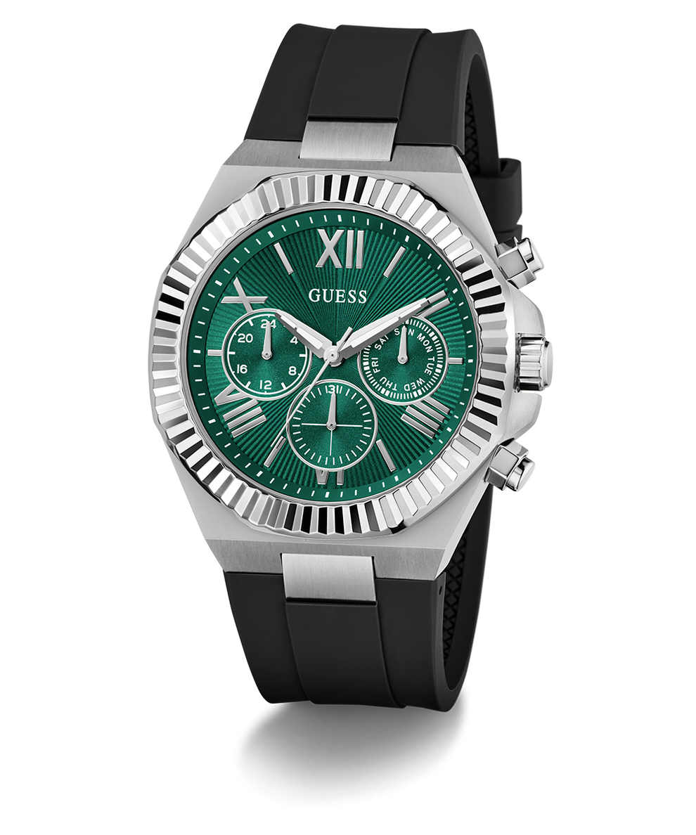 Guess GUESS Mens Equity Black Silver Tone Analog Watch with green face and black strap on white background