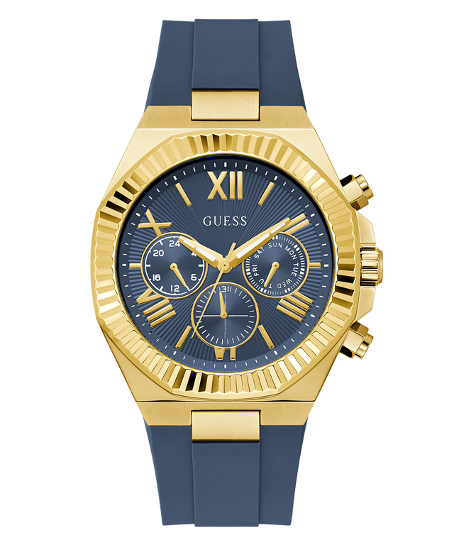 Gold and blue GUESS Mens Equity Blue Gold Tone Analog Watch with 'GUESS' branding on a white background