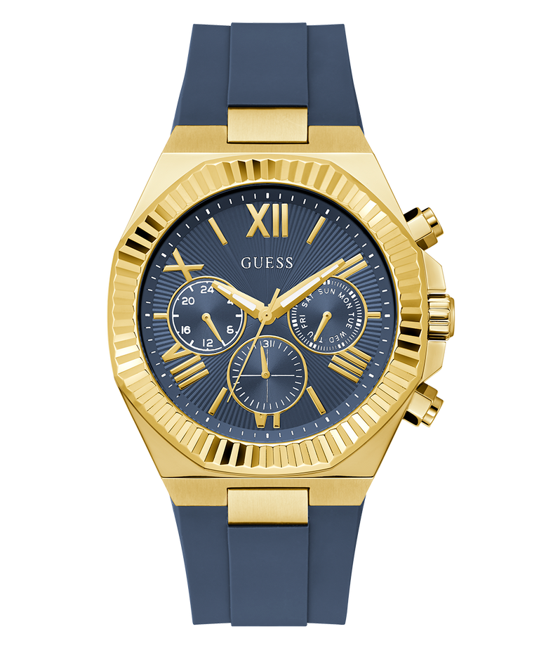 Gold and blue GUESS Mens Equity Blue Gold Tone Analog Watch with 'GUESS' branding on a white background