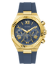 Gold and blue GUESS Mens Equity Blue Gold Tone Analog Watch with 'GUESS' branding on a white background