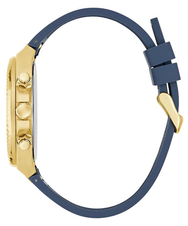 GUESS Mens Equity Blue Gold Tone Analog Watch with gold case and blue strap on a white background