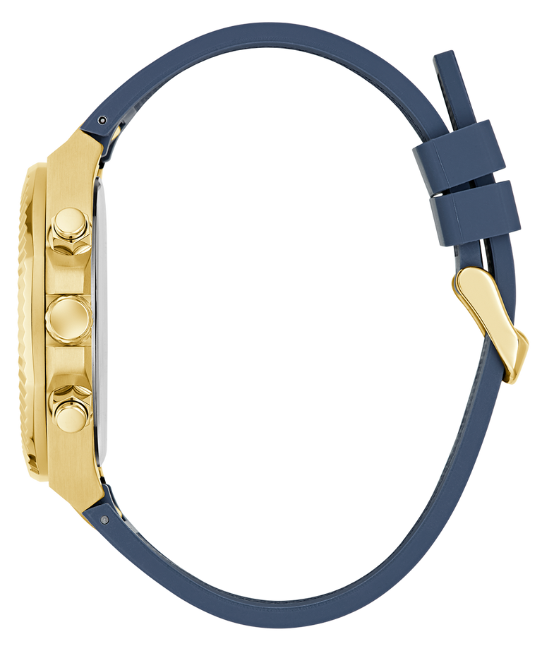 GUESS Mens Equity Blue Gold Tone Analog Watch with gold case and blue strap on a white background