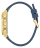 GUESS Mens Equity Blue Gold Tone Analog Watch with gold case and blue strap on a white background
