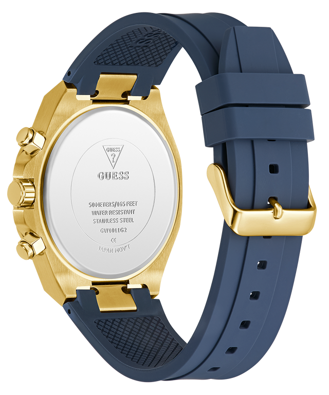 GUESS Mens Equity Blue Gold Tone Analog Watch with blue strap and gold case on a white background