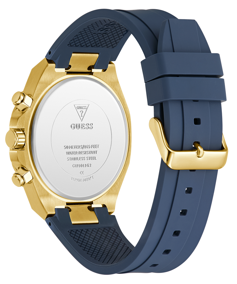 GUESS Mens Equity Blue Gold Tone Analog Watch with blue strap and gold case on a white background