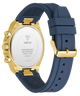 GUESS Mens Equity Blue Gold Tone Analog Watch with blue strap and gold case on a white background