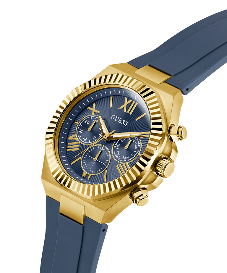 Gold and blue watch with 'GUESS' branding on a white background lifestyle