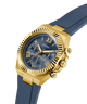 Gold and blue watch with 'GUESS' branding on a white background lifestyle