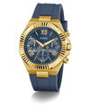 Gold and blue GUESS Mens Equity Blue Gold Tone Analog Watch with Guess branding on a white background