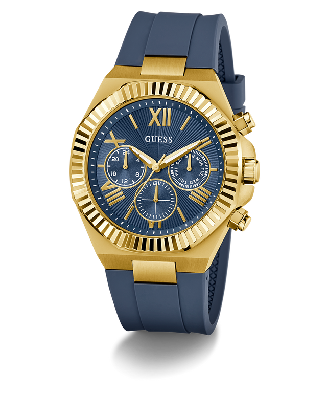 Gold and blue GUESS Mens Equity Blue Gold Tone Analog Watch with Guess branding on a white background