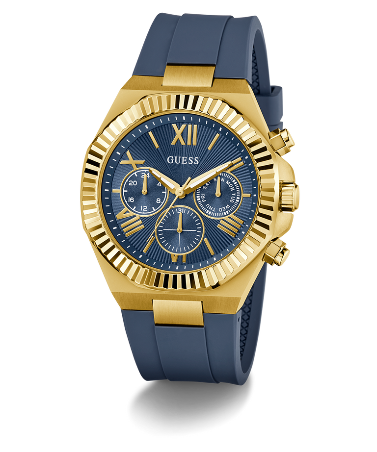 Gold and blue GUESS Mens Equity Blue Gold Tone Analog Watch with Guess branding on a white background