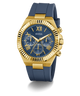Gold and blue GUESS Mens Equity Blue Gold Tone Analog Watch with Guess branding on a white background