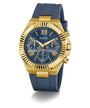 Gold and blue GUESS Mens Equity Blue Gold Tone Analog Watch with Guess branding on a white background