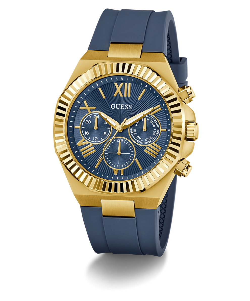 Gold and blue GUESS Mens Equity Blue Gold Tone Analog Watch with Guess branding on a white background