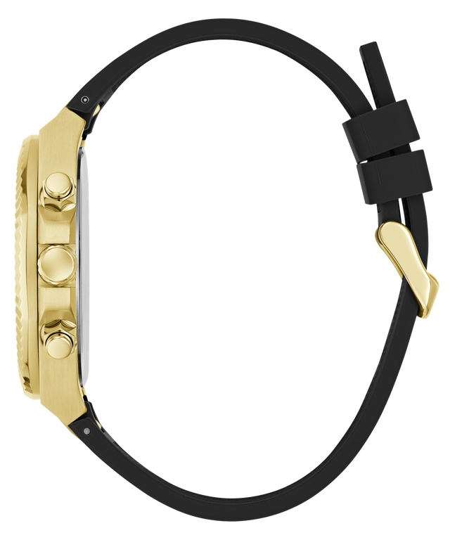 A close-up side view of a watch with a gold-tone case and three chronograph buttons, paired with a black silicone strap and gold buckle, shown on a plain white background.
