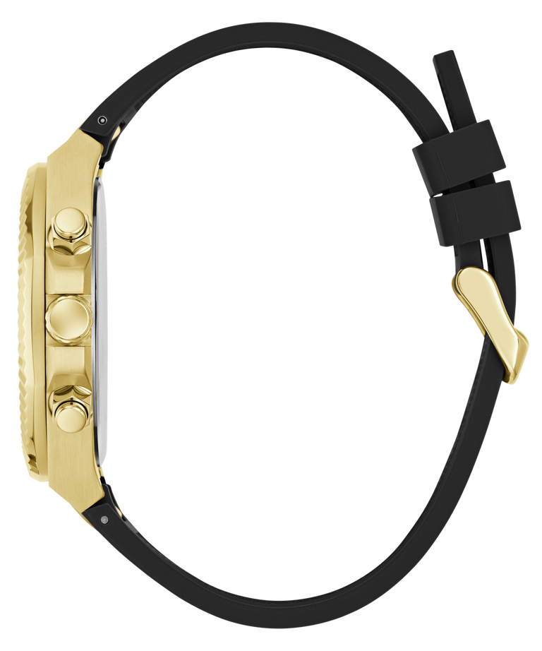 A close-up side view of a watch with a gold-tone case and three chronograph buttons, paired with a black silicone strap and gold buckle, shown on a plain white background.