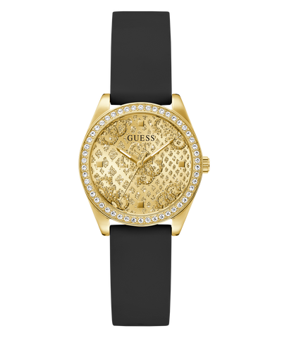 GUESS Ladies Black Gold Tone Analog Watch with black strap on a white background