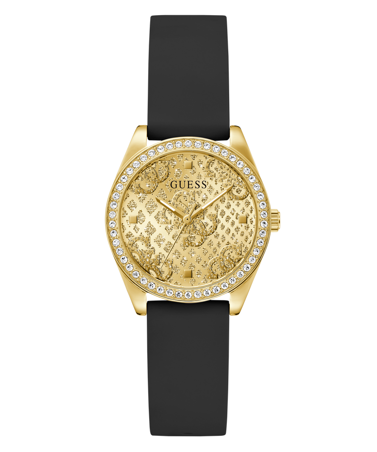 GUESS Ladies Black Gold Tone Analog Watch with black strap on a white background
