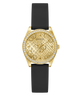 GUESS Ladies Black Gold Tone Analog Watch with black strap on a white background