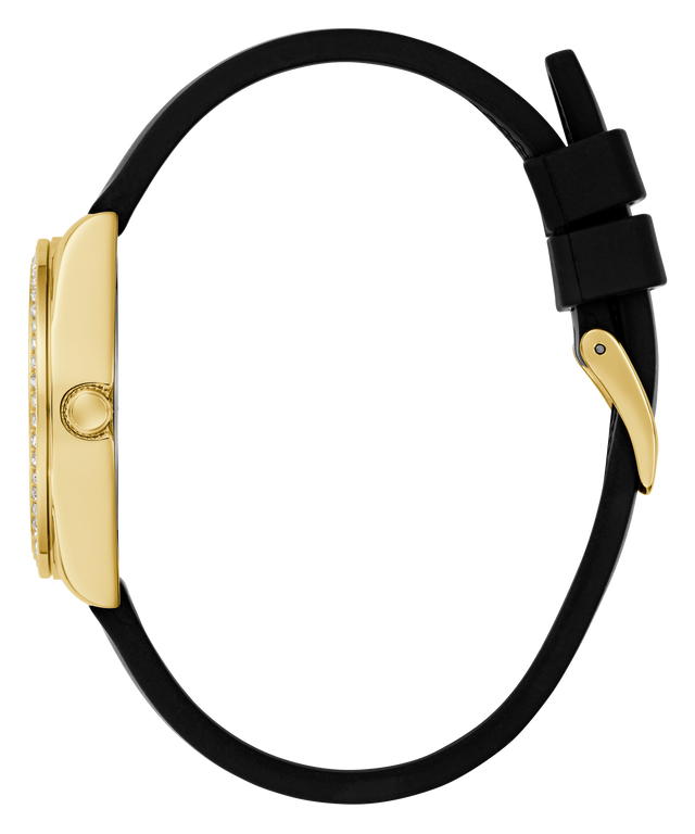 GUESS Ladies Black Gold Tone Analog Watch with black strap on a white background