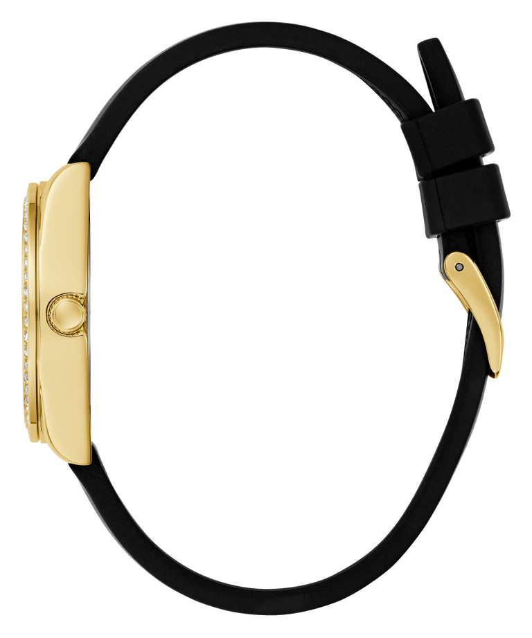 GUESS Ladies Black Gold Tone Analog Watch with black strap on a white background