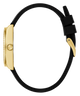 GUESS Ladies Black Gold Tone Analog Watch with black strap on a white background