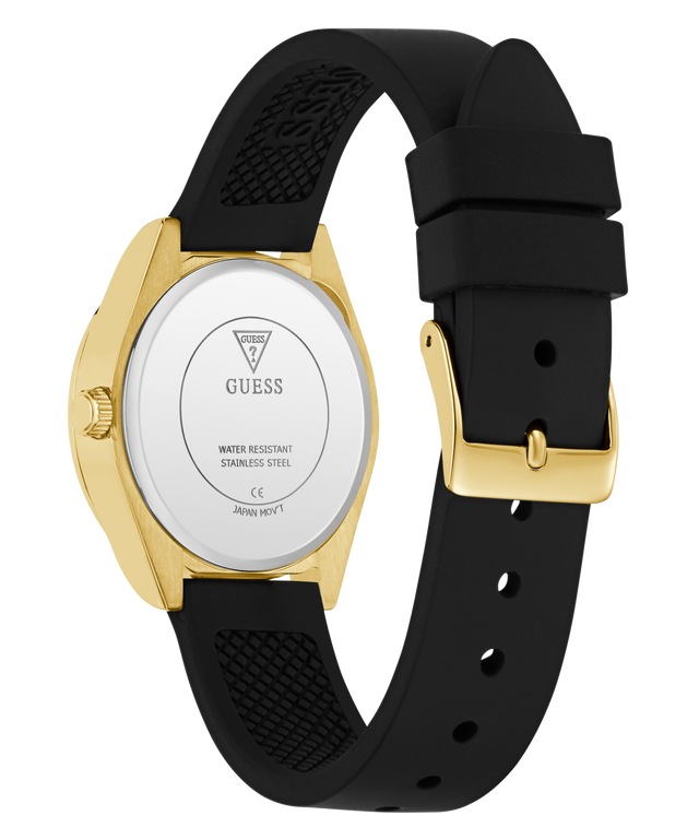 GUESS Ladies Black Gold Tone Analog Watch with visible brand logo on a white background