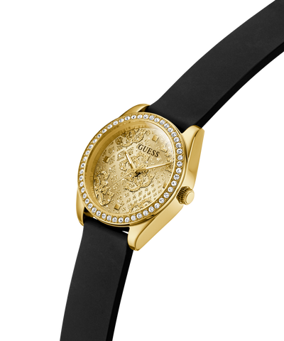 Gold watch with black strap on a white background lifestyle