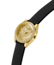 Gold watch with black strap on a white background lifestyle
