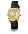 GUESS Ladies Black Gold Tone Analog Watch with black strap on a white background