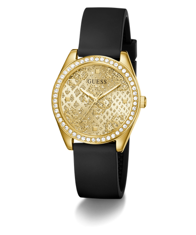GUESS Ladies Black Gold Tone Analog Watch with black strap on a white background