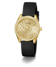 GUESS Ladies Black Gold Tone Analog Watch with black strap on a white background
