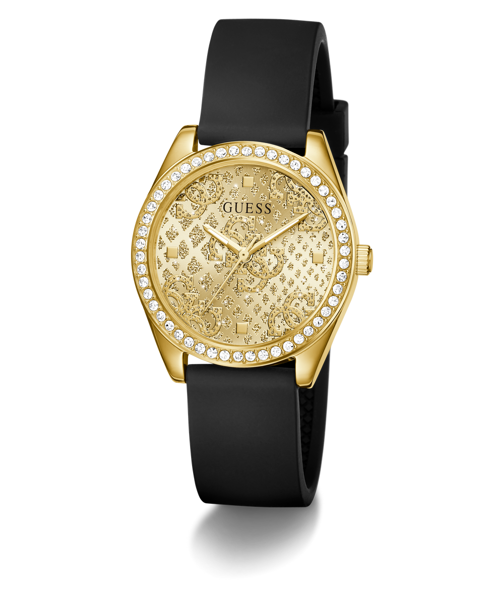 GUESS Ladies Black Gold Tone Analog Watch with black strap on a white background