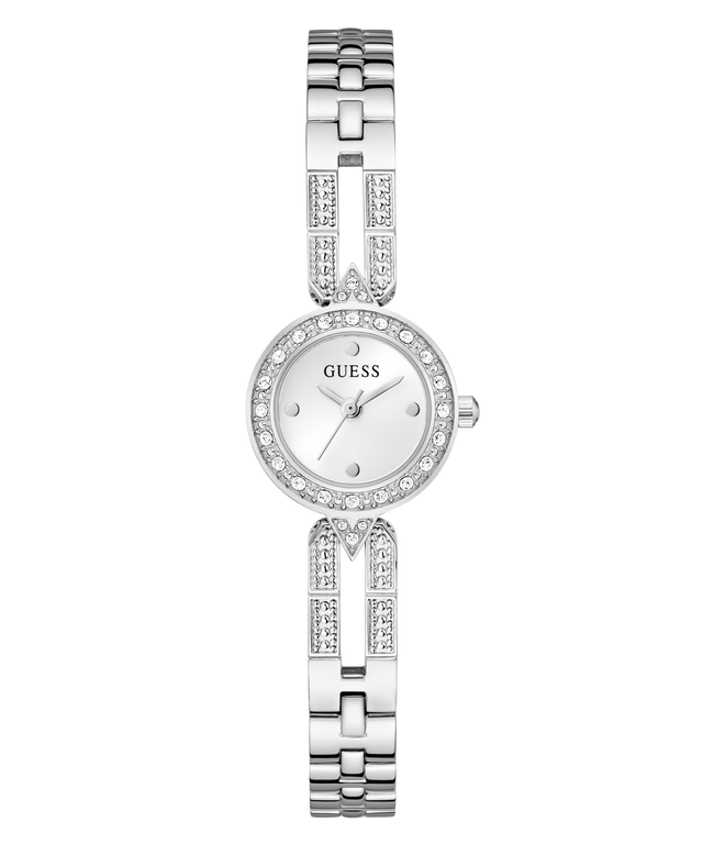 Silver Guess watch with a white face on a white background