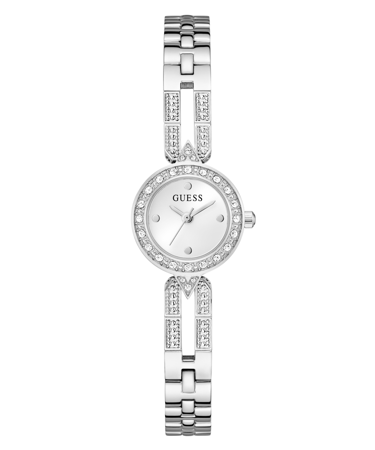 Silver Guess watch with a white face on a white background
