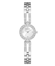 Silver Guess watch with a white face on a white background