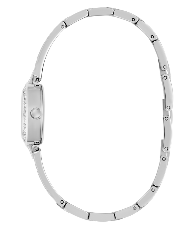 Silver GUESS Ladies Silver Tone Analog Watch with a bracelet on a white background