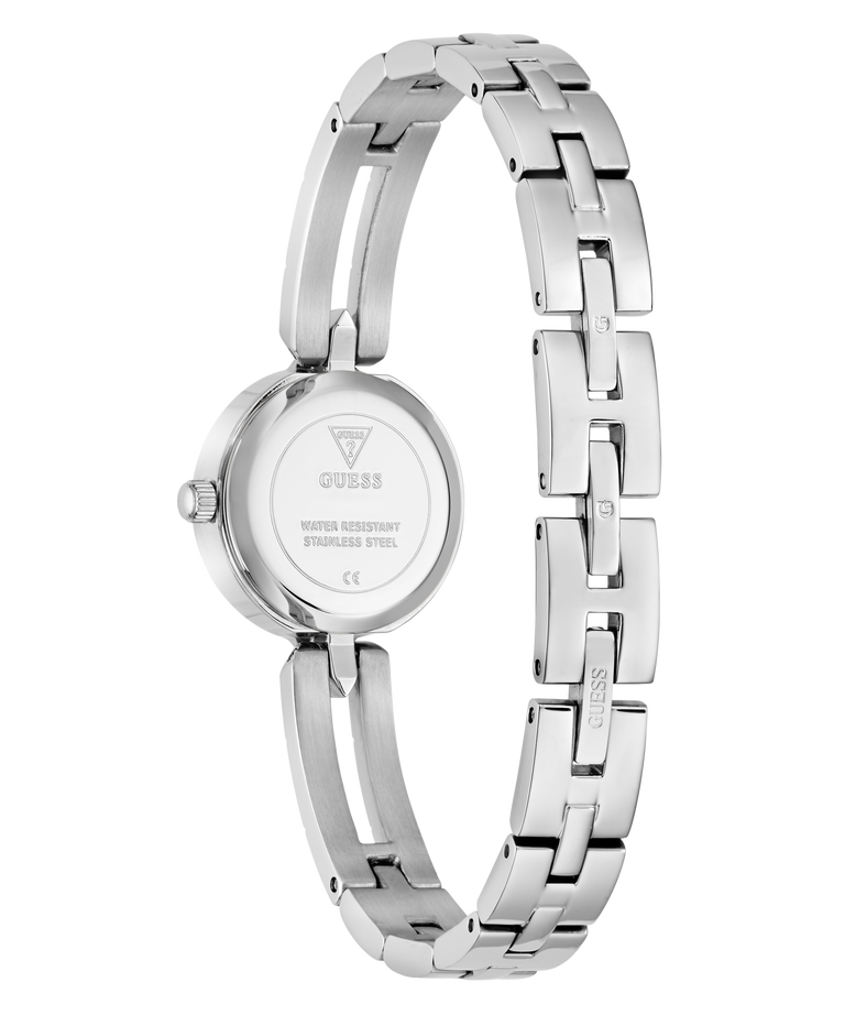 Silver GUESS Ladies Silver Tone Analog Watch with a chain-like bracelet on a white background