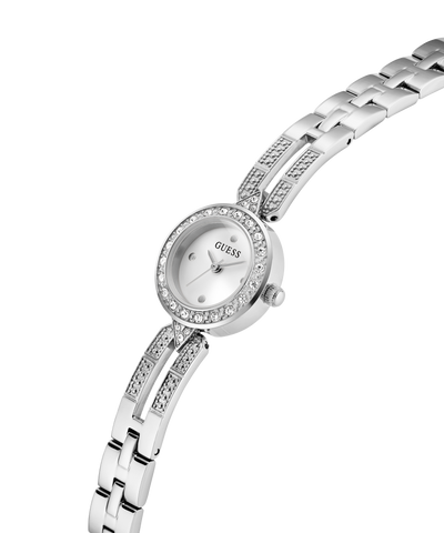 GUESS Ladies Silver Tone Analog Watch with a white face on a white background lifestyle