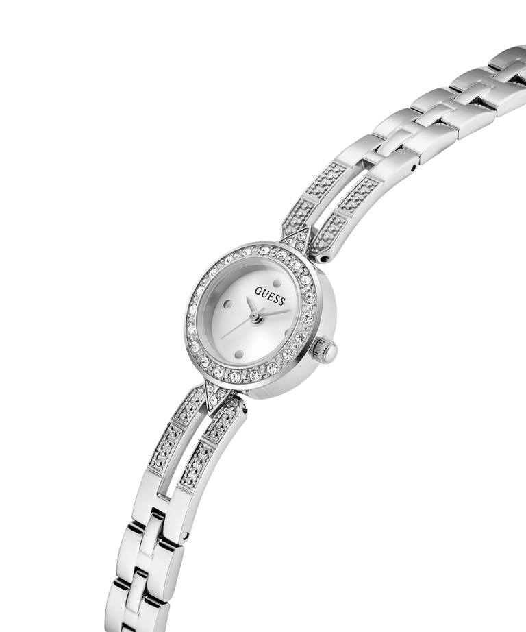 GUESS Ladies Silver Tone Analog Watch with a white face on a white background lifestyle