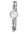 Silver Guess watch with gemstone accents on a white background