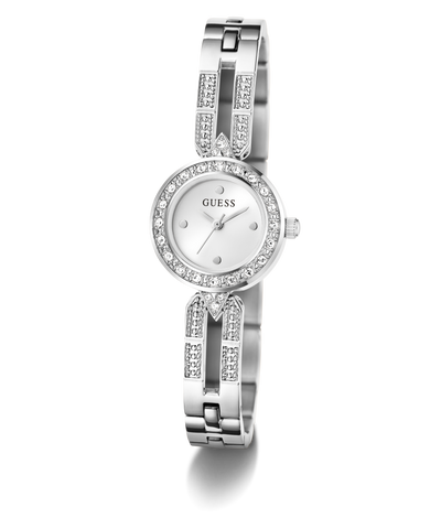 Silver Guess watch with gemstone accents on a white background