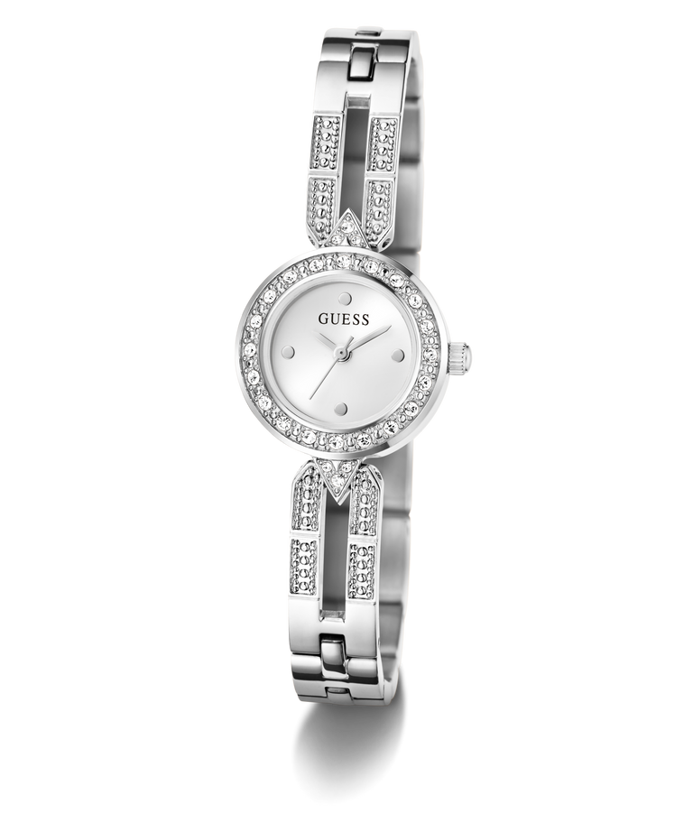 Silver Guess watch with gemstone accents on a white background