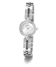 Silver Guess watch with gemstone accents on a white background