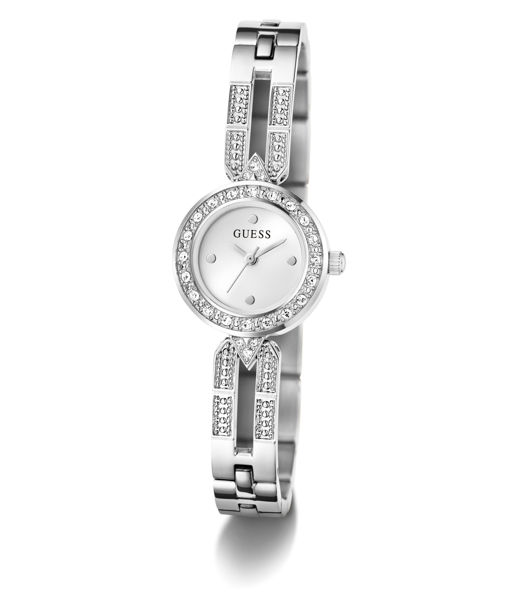 Silver Guess watch with gemstone accents on a white background