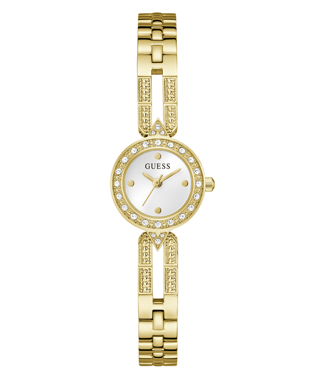 GUESS Ladies Gold Tone Analog Watch with a white face on a white background