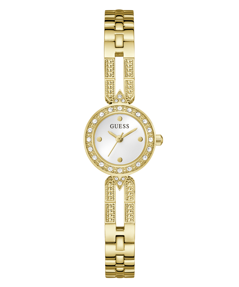 GUESS Ladies Gold Tone Analog Watch with a white face on a white background