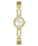 GUESS Ladies Gold Tone Analog Watch with a white face on a white background