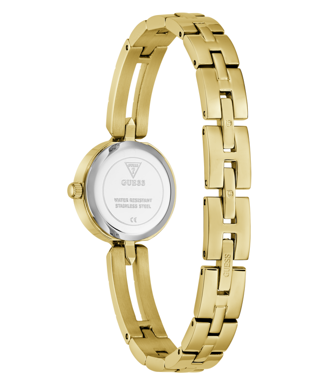 Gold watch with a visible brand logo on a white background