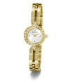 Gold watch with white face and Guess logo on a white background